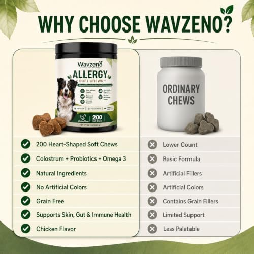 Dog Allergy Chews for Itchy Skin, Allergy Relief Soft Chews for Dogs with Probiotics, Omega 3 & Colostrum, Skin & Coat, Immune & Gut Health Support, Chicken Flavor, 200 Soft Chews