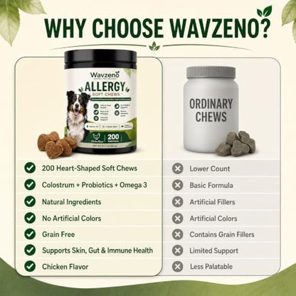 Dog Allergy Chews for Itchy Skin, Allergy Relief Soft Chews for Dogs with Probiotics, Omega 3 & Colostrum, Skin & Coat, Immune & Gut Health Support, Chicken Flavor, 200 Soft Chews