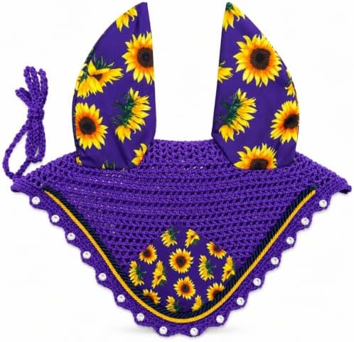 Horse Ear Bonnet for Horses, Sunflower Print Fly Bonnet with Crystal Edge, Handmade Crochet Fly Veil, Breathable Stretch Ears (Purple- Sunflower, Extra - Full)
