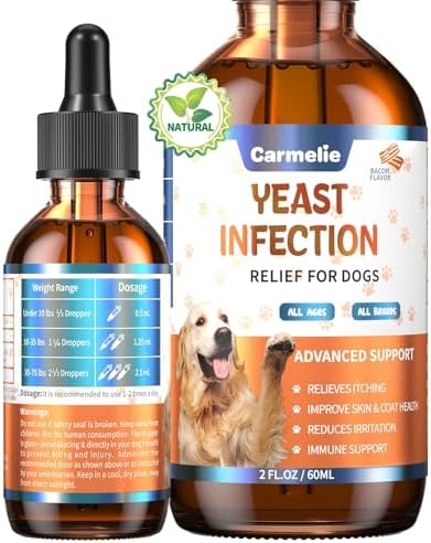 Carmelie Natural Yeast Relief for Dogs, Support Healthy Itch Relief, Ear Paw Discomfort Care, Itch Relief for Dog, Allergy Supports, Inflammation Relief for Dogs, 60ml Bacon Flavor