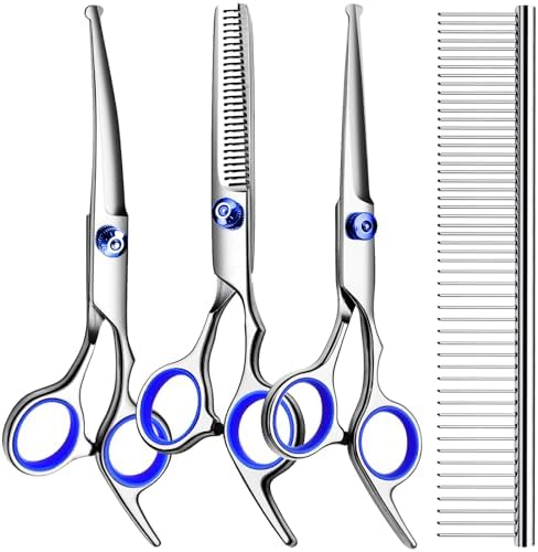 TINMARDA Dog Grooming Kit, Professional Stainless Steel Dog Grooming Scissors with Curved Shears, Blue Finger Rings - 4 Piece Sharp Durable Pet Shears for Dogs Cats At Home Salon-Quality Grooming