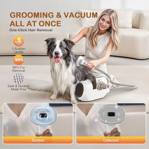 Dog Grooming Vacuum, Dog Grooming Kit with Pet Clipper Nail Grinder, 6 Pet Grooming Tools（Mahogany）