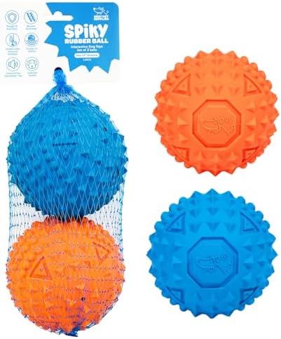 Best Pet Supplies Interactive Squeaky Dog Chew Toy, Ideal Dog Toys for Chewers, Small, Medium & Large Dogs, and Fetch Lovers - Spiky Ball (Blue, Orange), Large 3.5"