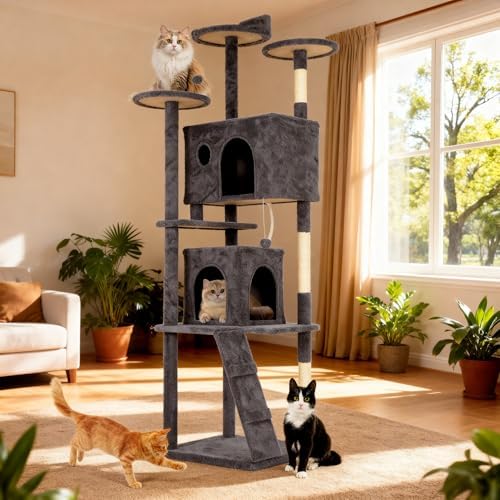 BestOffice 81 Inch Cat Tree, Multi-Level Cat Tower with Condo, Perches, Sisal Scratching Posts, Climbing Ladder,Indoor Activity Center Play House for Kittens & Adult Cats, Dark Gray