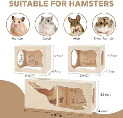 Hamster Hideout Wooden House,Hamsters Multi Chamber Hideout,Small Animal Habitat for Clear Observation,Hamster Toys for Dwarf Hamstersm,Gerbils, Hedgehogs, Rats, Mice