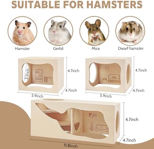 Hamster Hideout Wooden House,Hamsters Multi Chamber Hideout,Small Animal Habitat for Clear Observation,Hamster Toys for Dwarf Hamstersm,Gerbils, Hedgehogs, Rats, Mice(Living Room)