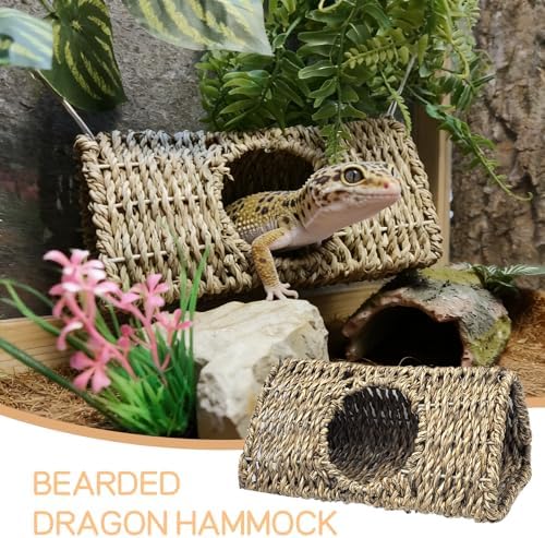 Hanging Reptile Hide Cave,Natural Seagrass Fiber Bearded Dragon Hammock Hideout,Reptile Shelter Sleeping Cave Swing Climbing Toys Terrarium Decor for Lizard Gecko Hermit Crabs(Triangle S)