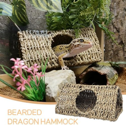 Hanging Reptile Hide Cave,Natural Seagrass Fiber Bearded Dragon Hammock Hideout,Reptile Shelter Sleeping Cave Swing Climbing Toys Terrarium Decor for Lizard Gecko Hermit Crabs(Triangle S)