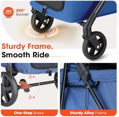 Foldable Pet Stroller Small Dogs Cats Up to 70 lb All-Terrain, Blue