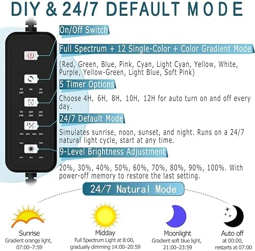 24/7 Mode LED Aquarium Light for 36-45 Inch Plant & Fish Tank, IP68 Full Spectrum Light, Sunrise-Daylight-Moonlight, White Red Green Blue Pink LEDs with Extendable Brackets for Freshwater