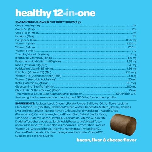 12-in-1 Complete Multivitamin for Dogs | Dog Multivitamin Chewable with Glucosamine Chondroitin & Digestive Probiotics for Dogs of All Ages and Sizes | NASC Certified & Made in The USA | 60 Chews