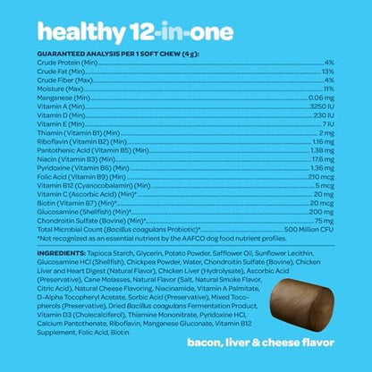 12-in-1 Complete Multivitamin for Dogs | Dog Multivitamin Chewable with Glucosamine Chondroitin & Digestive Probiotics for Dogs of All Ages and Sizes | NASC Certified & Made in The USA | 60 Chews