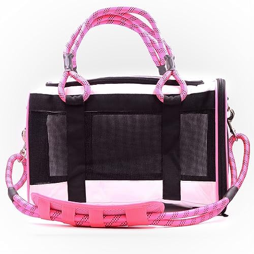 Buddy's Best Airline Approved Pet Carrier – White & Pink Heavy Duty, Fits Under Seat, TSA Compliant, Ventilated Mesh Design w/Waterproof Base & Reflective Safety Strips