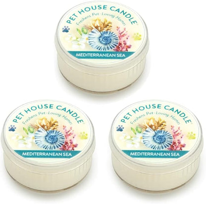 Pet House Mini Candles for Pet Odor Made with Natural Soy Wax, Plant Based, Dog and Cat Friendly Scented Candles, Mediterranean Sea Pack of 3