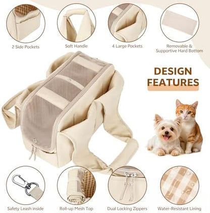 Dog Purse Carrier for Small Dogs and Cats, Soft-Sided Pet Tote Bag with 6 Large Pockets, Collapsible Travel Puppy Carrier with Small Cushion, Fits Pets up to 6 lbs (Beige, 13.6" L x 6.6" W x 10" H)