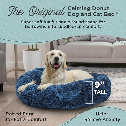 Best Friends by Sheri The Original Calming Donut Dog Bed for Large Dogs up to 100 lbs, Lux Faux Fur, Navy Blue, 36" x 36"