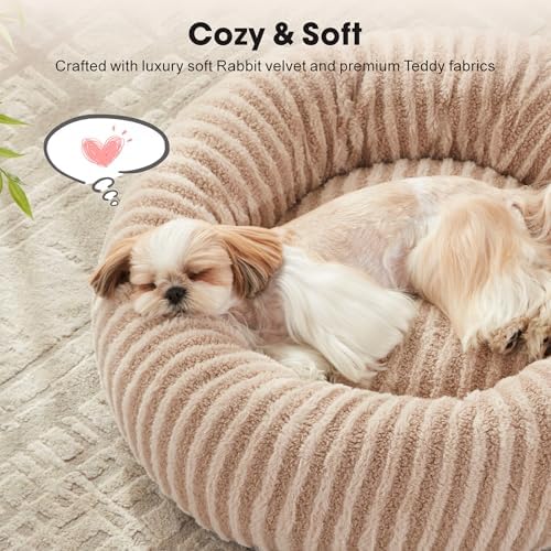 MIXJOY Dog Beds for Small Dogs Cats, Washable Small Dog Bed with Removable Cover, Donut Cat Bed for Indoor Cats, Calming Fluffy Round Pet Beds with Anti Slip Bottom, Cute Puppy Beds, 23"x23"x8", Beige
