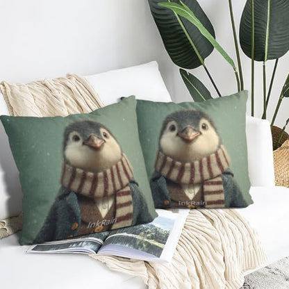 InkRain Winter Animal Cute Penguin Pillow Cover 24x24 Inch Set of 2 Home Decor Decorative Cotton Linen Illustration Pillowcases for Living Room House Sofa