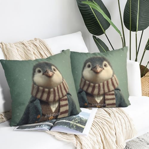 InkRain Winter Animal Cute Penguin Pillow Cover 20x20 Inch Set of 2 Home Decor Decorative Cotton Linen Illustration Pillowcases for Living Room House Sofa