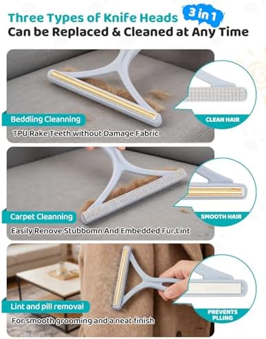 Pet Hair Remover for Carpet, 54 Inch Adjustable Long Handle Carpet Rake for Pet Hair Removal, 3 Piece Dog Hair Carpet Rake and Carpet Scraper Tool for Rugs, Couch, Stairs, Furniture
