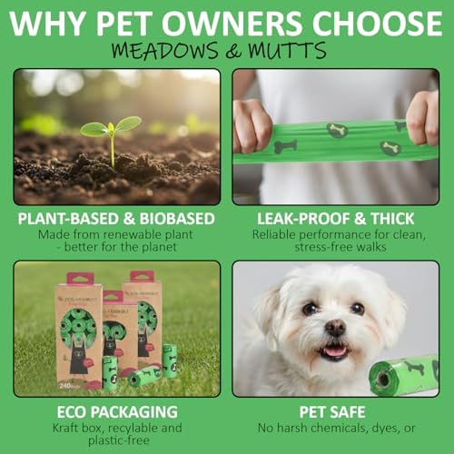 MEADOWS & MUTTS Dog Poop Bags with Dispenser - 240 Count Compostable Biodegradable Plant Based Pet Waste Bags | Leak Proof Extra Thick | Lavender Scented Puppy Poop Bags