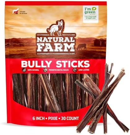 Natural Farm Pixie Bully Sticks (6 Inch, 30 Pack), Thin Pizzle Beef Treats, Grain-Free, High Protein, Best Rawhide Alternative for Small, Puppies or Senior Dogs