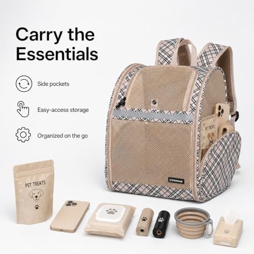 Cat Backpack Carrier for Small Dogs and Medium cat Puppy Kitten Bunny Pet Carrier Backpack Collapsible with Fully Ventilated Mesh with Safety Leash (Khaki, 12.9" L x 10.62" W x 15.5" H - M)