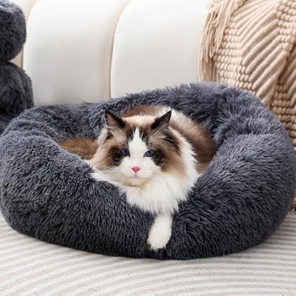 Round Donut Cat Bed Dog Bed Plush Calming Pet Beds Fluffy Rabbit Cave Warm Dog Couch Non Slip Bottom for Pets Up to 18KG