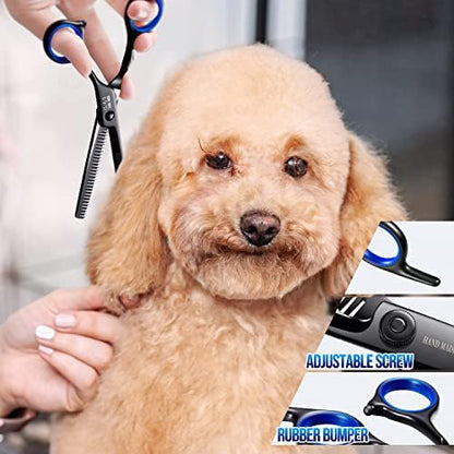 Gimars Dog Grooming Scissors Kit Professional 4CR with Safety Round Tip, 5 in 1 Heavy Duty Titanium Coated Thinning & Curved & Straight Shears