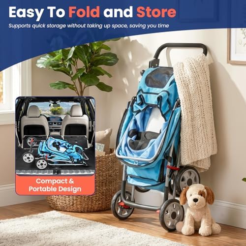 BestPet | 4-Wheel Foldable Pet Stroller | Blue | Lightweight & Portable