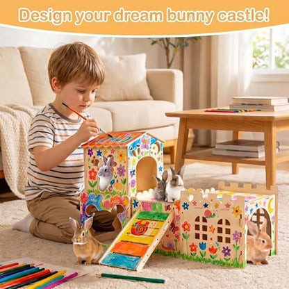 Large Bunny House and Hideouts, Wooden Dual-Layer Rabbit Castle with 4 Houses Indoor, Sturdy Habitat for Guinea Pig Chinchilla Ferret (Extra Large-4 House)