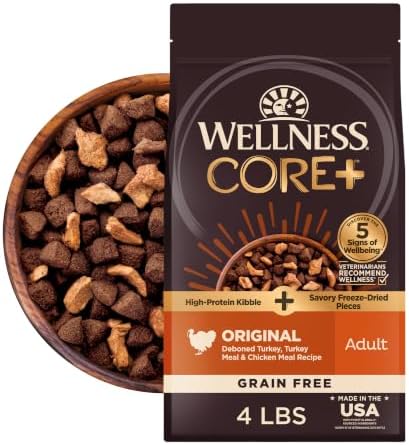 Wellness CORE+ Adult Dry Dog Food with Freeze Dried Pieces, Grain Free Kibble+, Natural, High Protein, Turkey and Chicken Recipe, 4 lb Bag