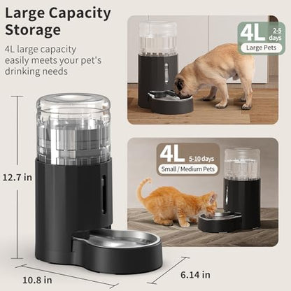 JUNSPOW Cat Water Dispenser with Filter and Stainless Steel Bowl (4L Black)