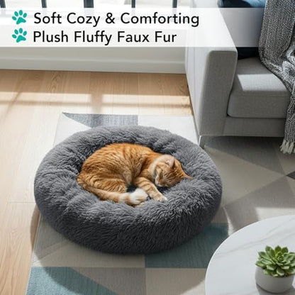 PetAmi Calming Donut Dog Bed, Washable Faux Fur, 23 Inch Small, Grey