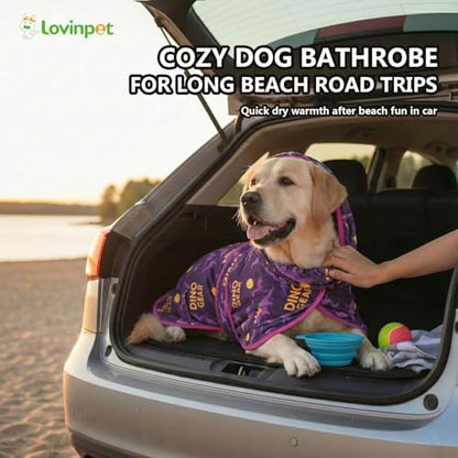 LovinPet 3-in-1 Dog Warm Winter Coat & Bathrobe, Purple Dinosaur Fleece, M