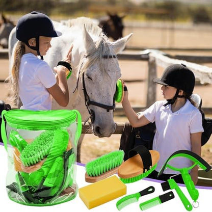 Cunhill 9 Pcs Horse Grooming Kit Tack Room Supplies, Cute, Green