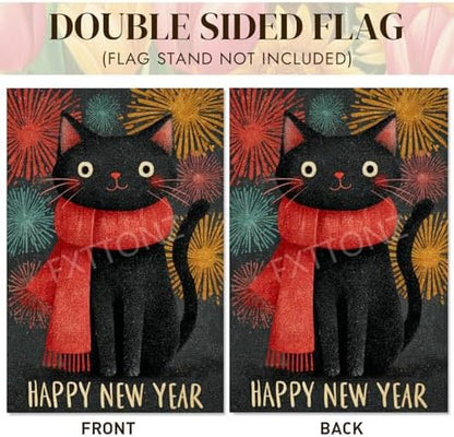 Happy New Year Garden Flag 12x18 Double Sided Vertical Linen Small Fireworks Black Cat House Flag Welcome Holiday Winter House Outdoor Outside Decorations (27173)