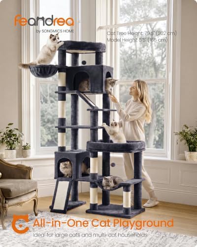 Feandrea Large Cat Tree, 79.5" Tall Sturdy Cat Tower for Indoor, Dark Gray