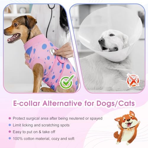 Kuoser Dog Surgery Suit, Soft Dog Spay Recovery Suit Female, Anti Licking Neuter Recovery Suit for Male Dogs, Post-Op Pet Surgical Suit Protective Wear E-Collar & Cone Alternative,Pink Polka Dots S