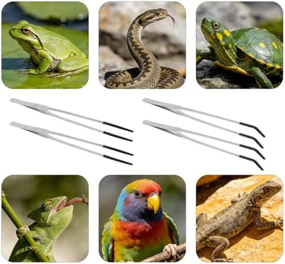4pcs Reptile Feeding Tongs, Stainless Steel Straight Curved Aquarium Feeder Tweezers Tools with Rubber Tips for Bearded Dragons Snake Lizards Gecko