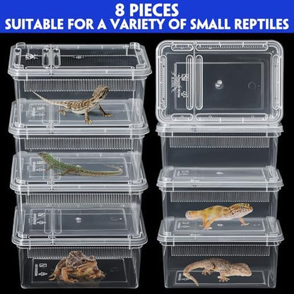 Irenare 8 Pcs Reptile Breeding Box Plastic Spider Terrarium Tarantula Feeding Box for Bearded Dragon Lizard Spider Gecko Scorpion(Vent Strips,Clear,5.9 x 3.9 x 2.5 Inch)
