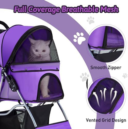 Foldable Pet Stroller 4 Wheels for Small Medium Dogs Cats,Purple