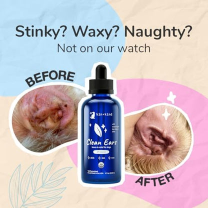 kin+kind USDA Organic Clean Ears, Dog Ear Cleaner, Leave in, No Rinse, 4 oz