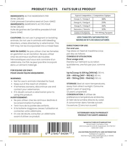 100% Pure Camelina Oil for Horses – Omega 3 & Vitamin E Rich Supplement for Coat, Hooves, Arthritis, Joints, Weight Gain & Ulcers – False Flaxseed Oil Made in Canada by Smart Earth, 1gal.