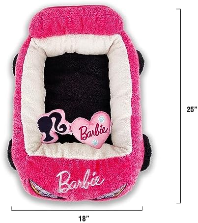 Megatoys Barbie Plush Car Pet Bed- Themed Plush Pink Pet Bed for Dogs and Cats – Soft and Cozy Pet Bed with Barbie Pillow and Car Design