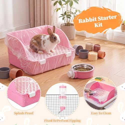34 Pcs Rabbit Starter Kit Rabbit Litter Box Small Animal Water Bottle Cups Bunny Tunnels Animal Grooming Kit Bowl Blanket with Cleaning Set for Guinea Pig Bunny(Style 3,Sakura Pink)