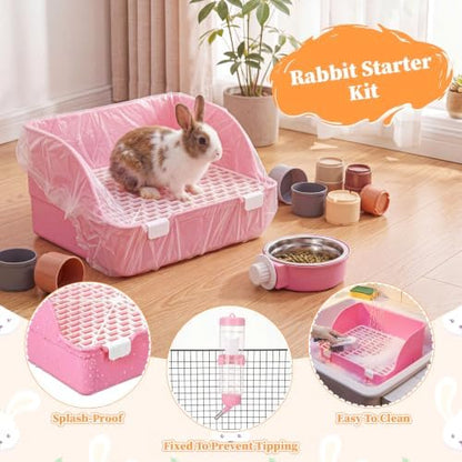 34 Pcs Rabbit Starter Kit Rabbit Litter Box Small Animal Water Bottle Cups Bunny Tunnels Animal Grooming Kit Bowl Blanket with Cleaning Set for Guinea Pig Bunny(Style 3,Sakura Pink)