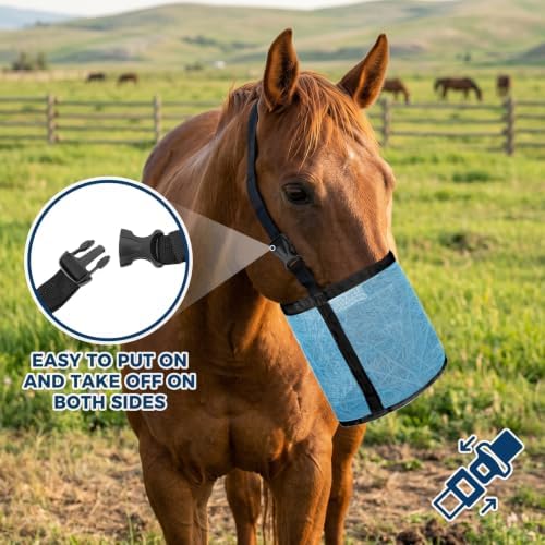 4Pcs Horse Feed Bag for Grain, Heavy Duty Mesh Grain Feeder with Adjustable Strap and Waterproof Bottom, Comfortable Neck Pad Horse Muzzle Feed Bag, Blue