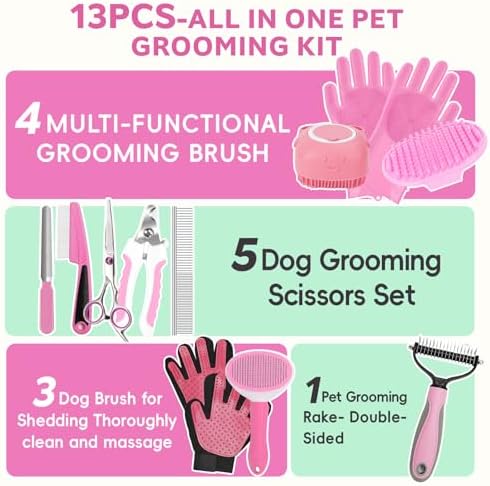 Dog Brush for Shedding 13pcs Bath Grooming Kit with Pet Nail Clipper and File - Dog Bath Brush Cat Grooming Supplies, Dematting Comb Bath Brush Shampoo Scrubber for Dogs and Cats