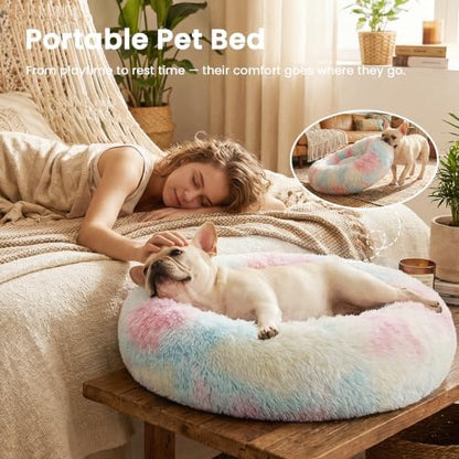 Love's cabin Calming Cat Bed for Indoor Cats, Anti-Anxiety Donut Round Dog Bed,Fluffy Faux Fur Washable Pet Bed for Small Medium Dogs and Cats, Rainbow, 20in